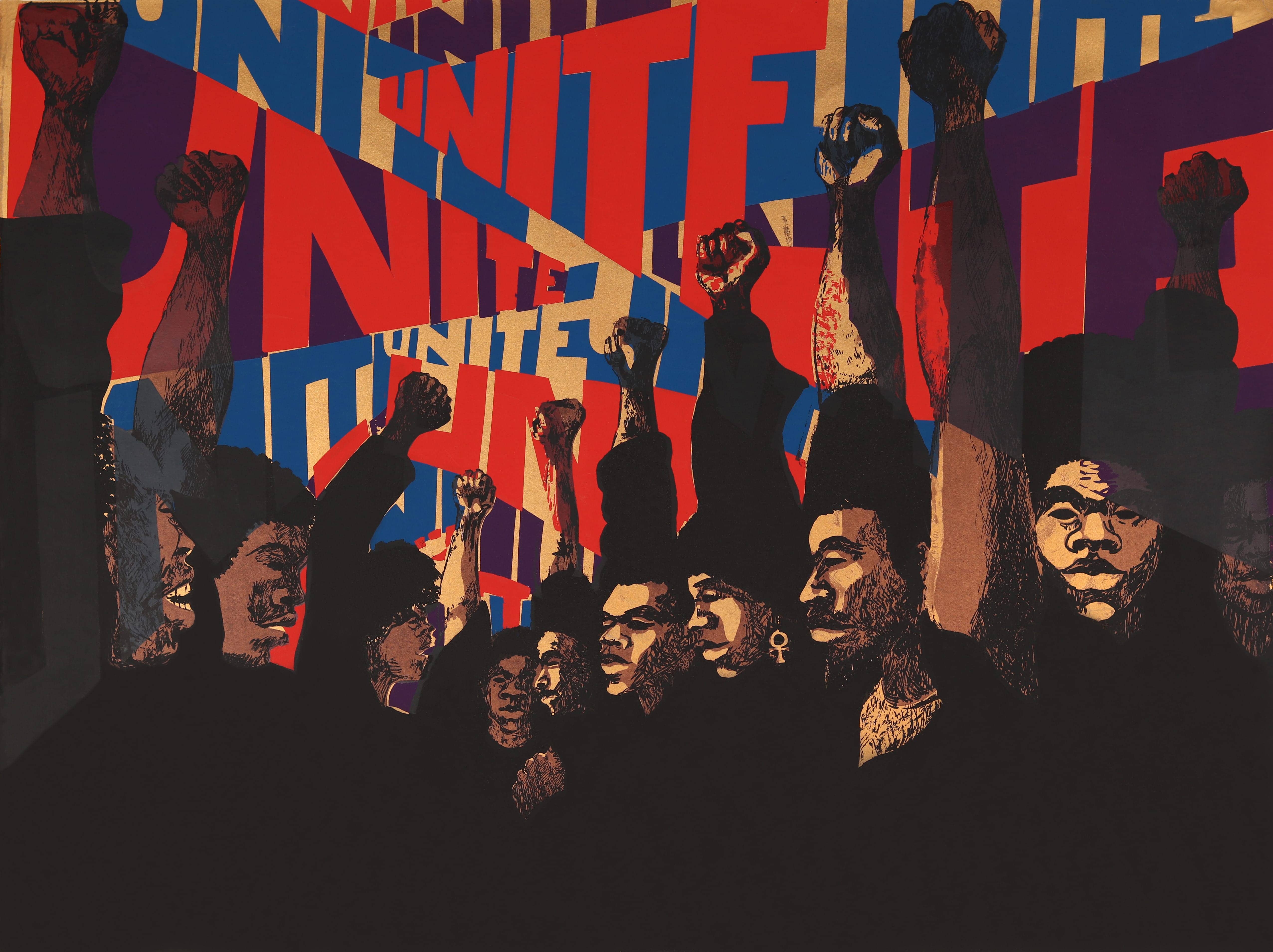 “Unite,” 1971, by Barbara Jones-Hogu painting shows nine African American men raising the black power fist in front of the word UNITE repeated in a red white and blue graphic design pattern